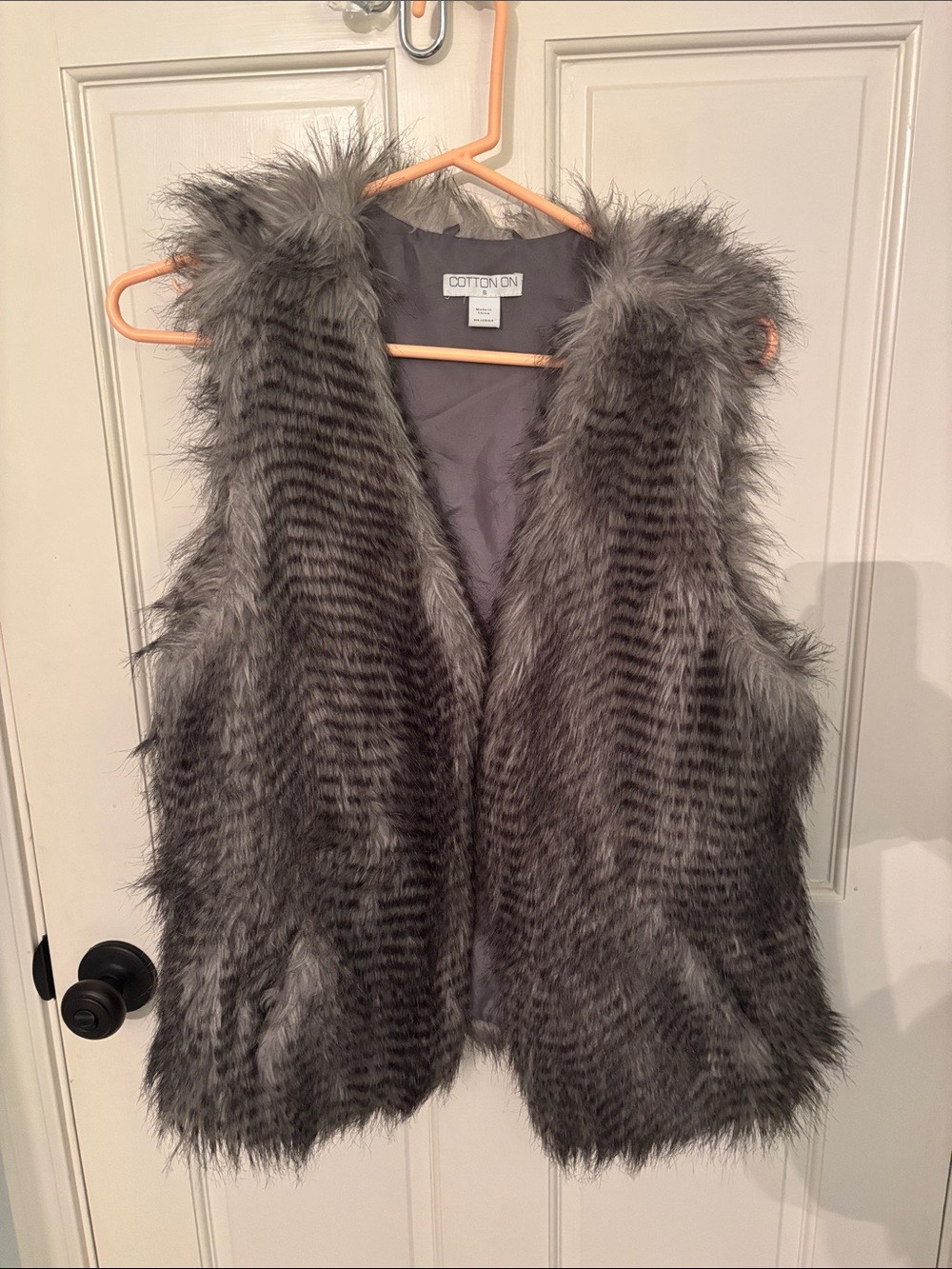 Fluffy Gray and Black Faux Fur Open Vest
